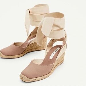Zara Tan Espadrille Wedges with Ankle Wrap